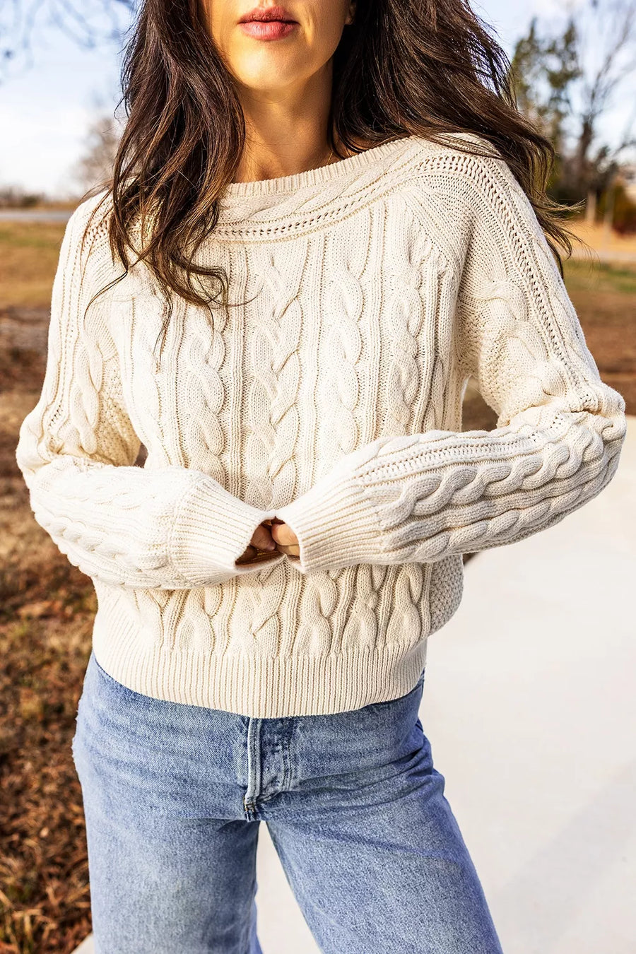 Drop Shoulder Round Neck Cable Knit Sweater option 6