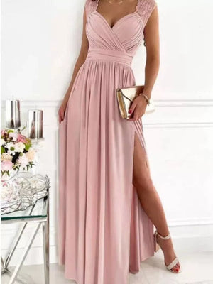 Dusty pink maxi dress with lace accents, V-neck, ruched bodice, high slit, and cap sleeves.