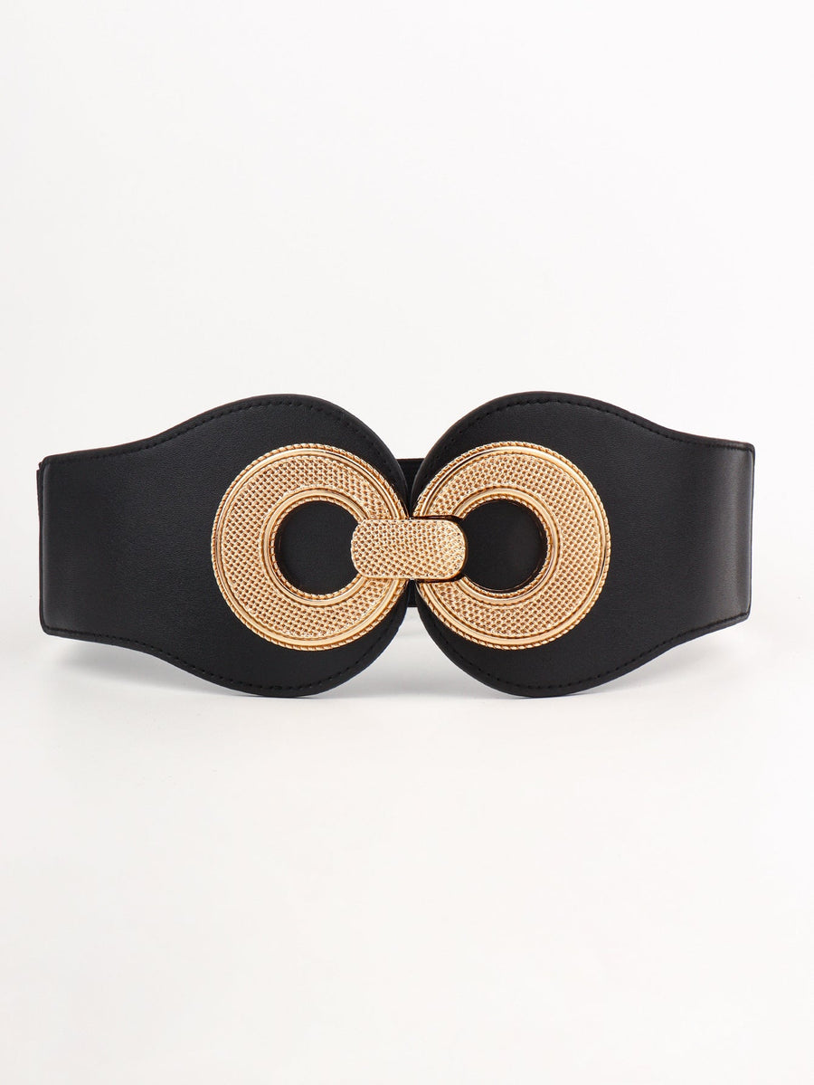 Black elastic belt with ornate gold metalwork clasp and textured rings.
