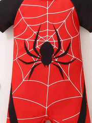 Toddler one-piece swimsuit in red with black Spider-Man web and spider graphic.