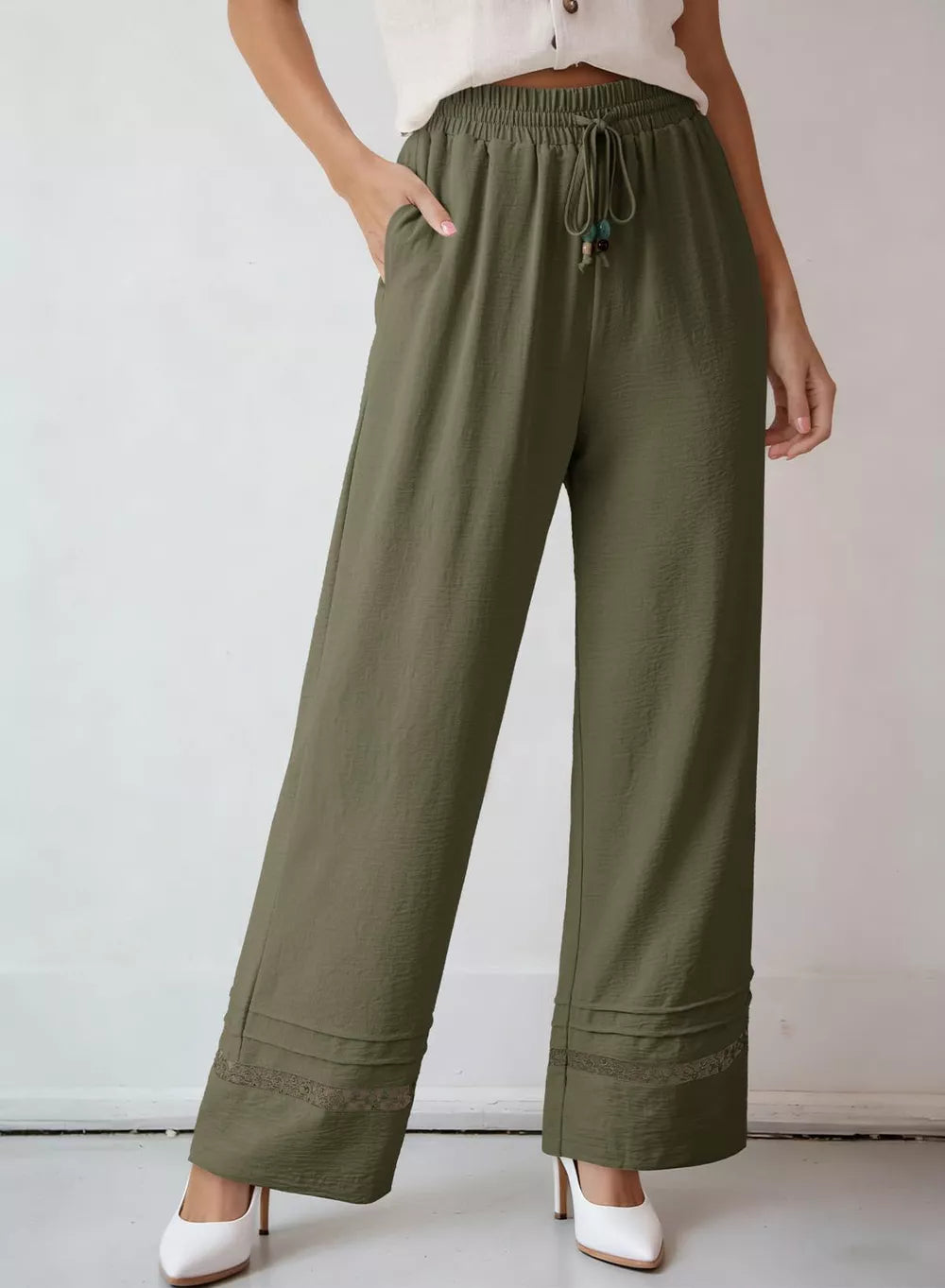 Matcha green relaxed wide-leg maternity pants with drawstring and lace trim detail