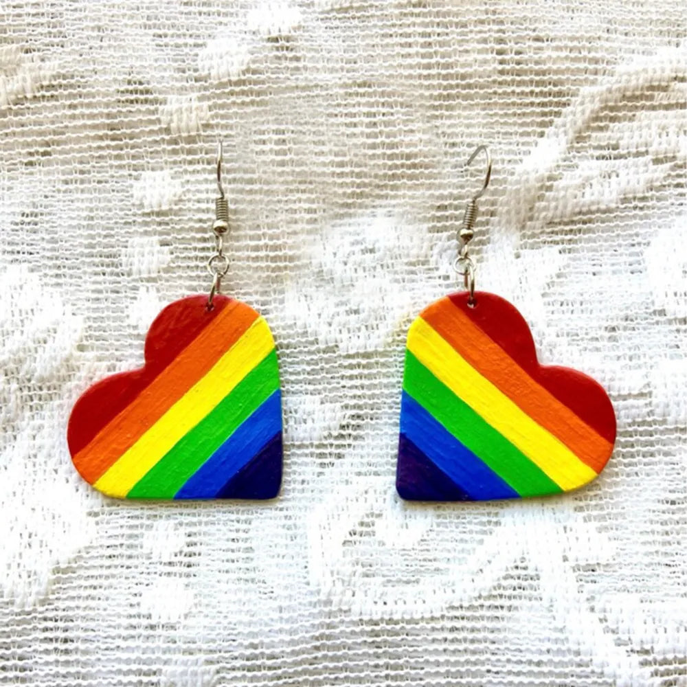 Rainbow heart pride drop earrings with multicolor stripes, alloy hooks