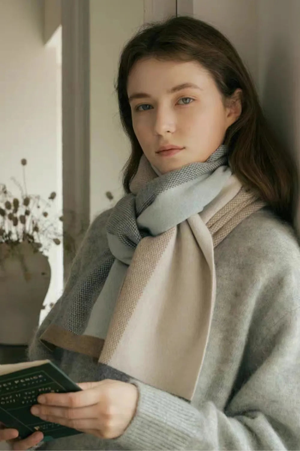 Colorblock Merino Wool Scarf in Sage, Beige, and Camel with a textured weave detail.