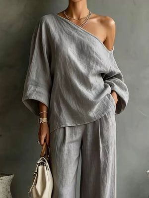 100% polyester Care instructions: Machine wash cold two-piece set in Dark Blue with relaxed silhouette