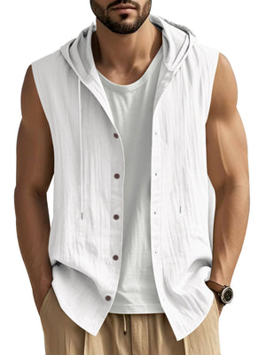White casual sleeveless hooded men's shirt with button front and drawstring hood