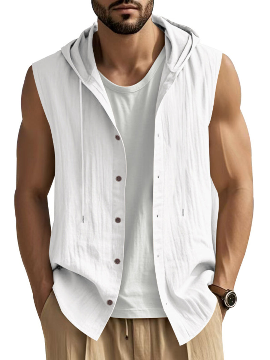White casual sleeveless hooded men's shirt with button front and drawstring hood