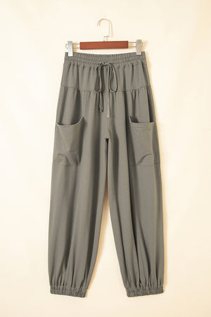 Army Green wide-leg pants with full-length and drawstring
