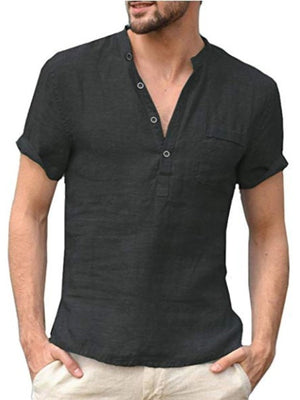 Men's black casual button detail shirt with short sleeves and a chest pocket.