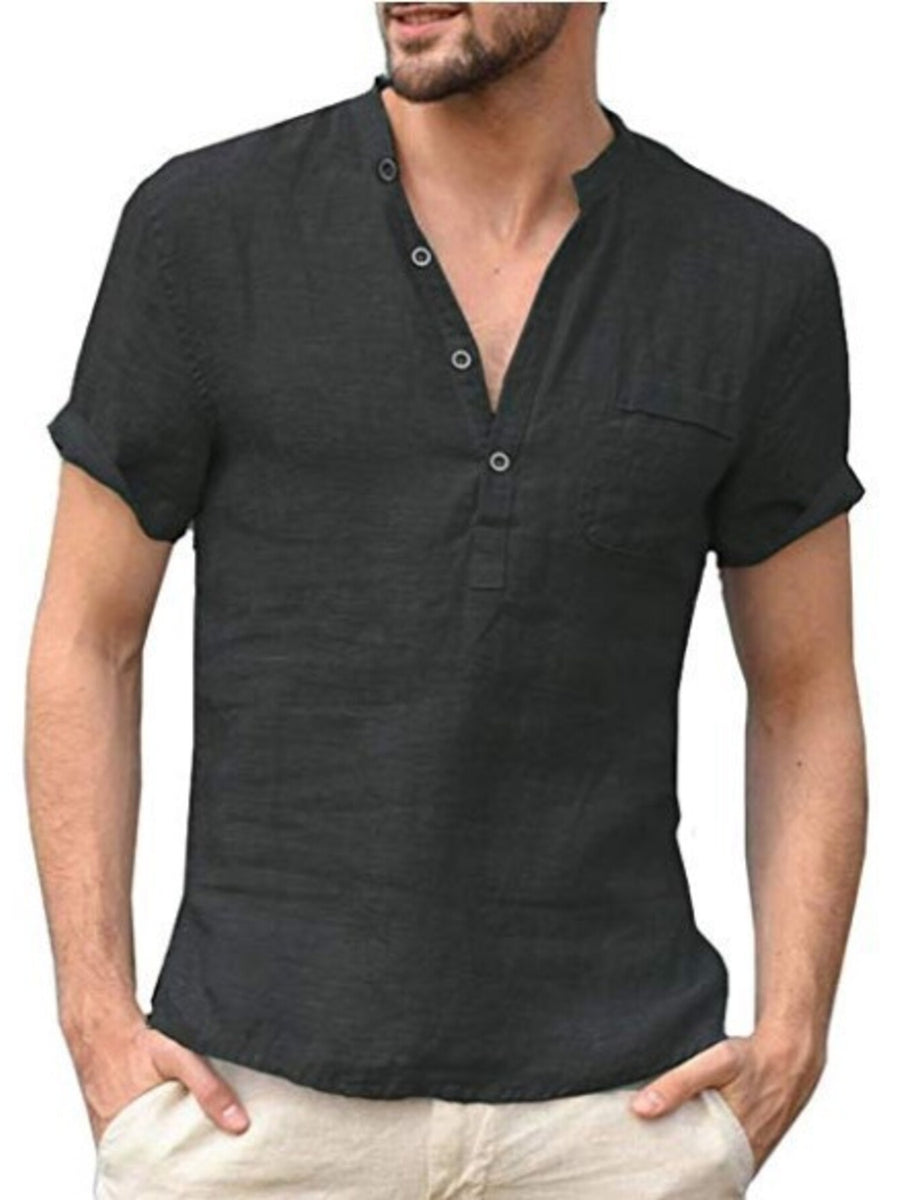 Men's black casual button detail shirt with short sleeves and a chest pocket.
