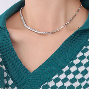 Silver half-and-half pavé chain necklace with a link chain detail.