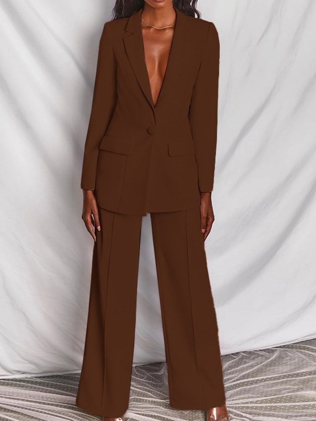 One Button Blazer And Wide-leg Pants Set Plus Size in Pink