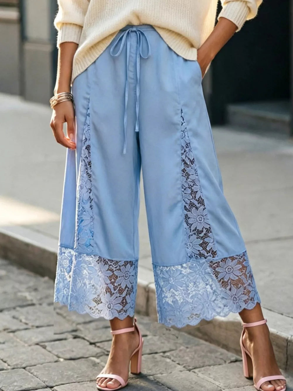 Black Lace Trim Wide-leg Cropped Pants