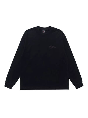 Black long sleeve t-shirt with tonal embroidered logo on chest
