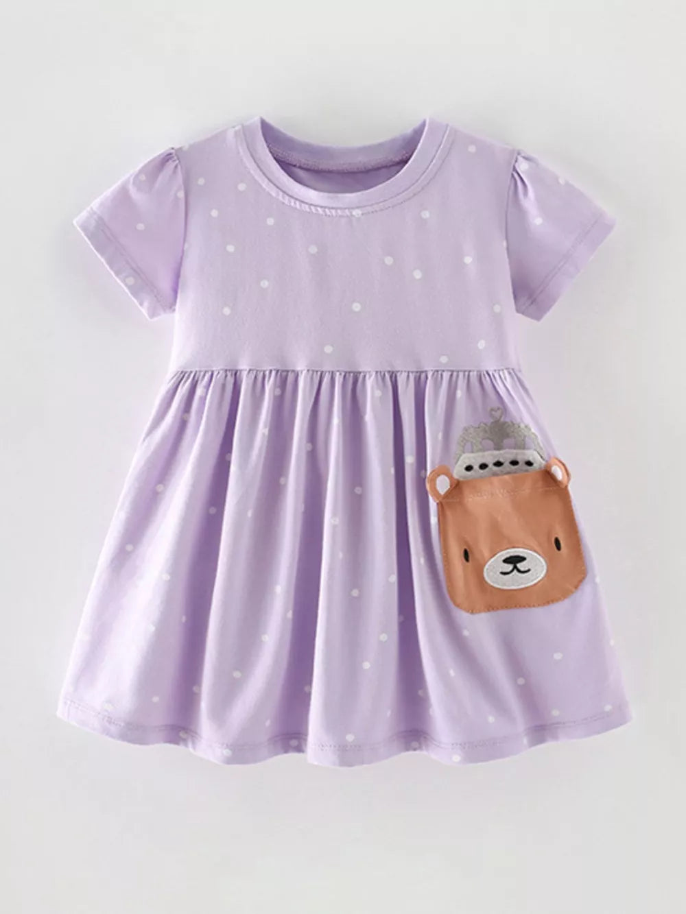 Lavender polka dot cotton dress with bear applique and a-line skirt.
