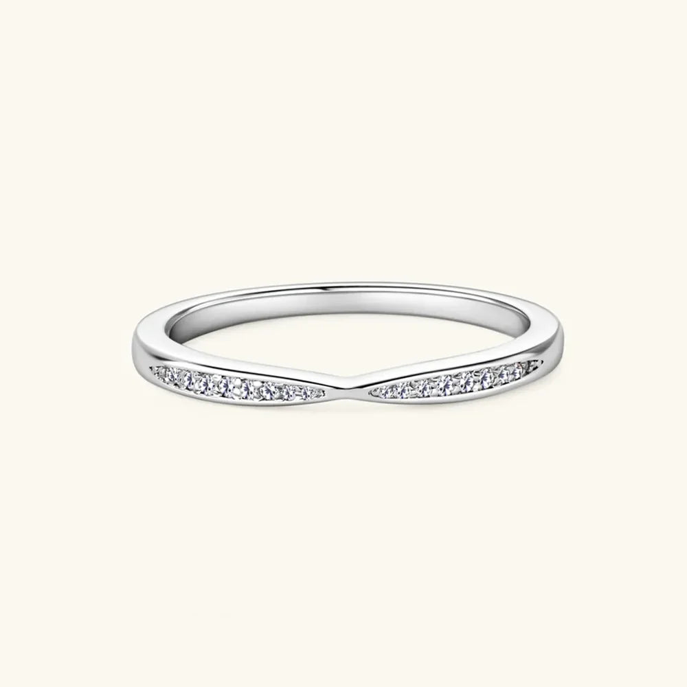 Silver moissanite chevron contour band ring with pave set stones