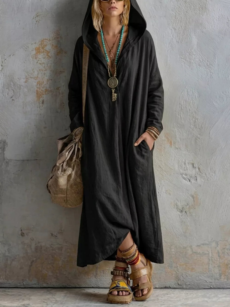 Brown Long Sleeve Hooded Midi Dress With Pockets
