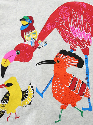 Gray cotton t-shirt with a vibrant, colorful bird print featuring a flamingo and other exotic birds.