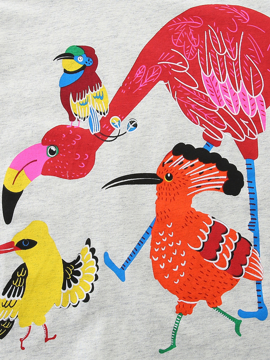 Gray cotton t-shirt with a vibrant, colorful bird print featuring a flamingo and other exotic birds.