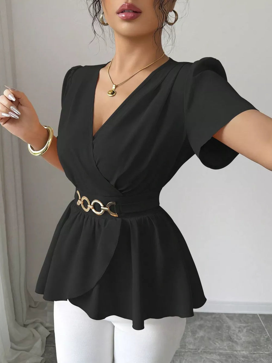 Black surplice blouse with flutter sleeves and a gold chain belt, polyester.