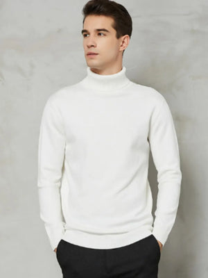 White turtleneck sweater with long sleeves and a modern silhouette.