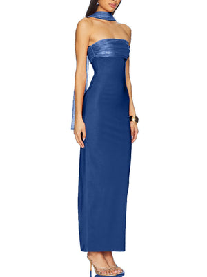 Dusty blue ruched strapless maxi dress with scarf detail.