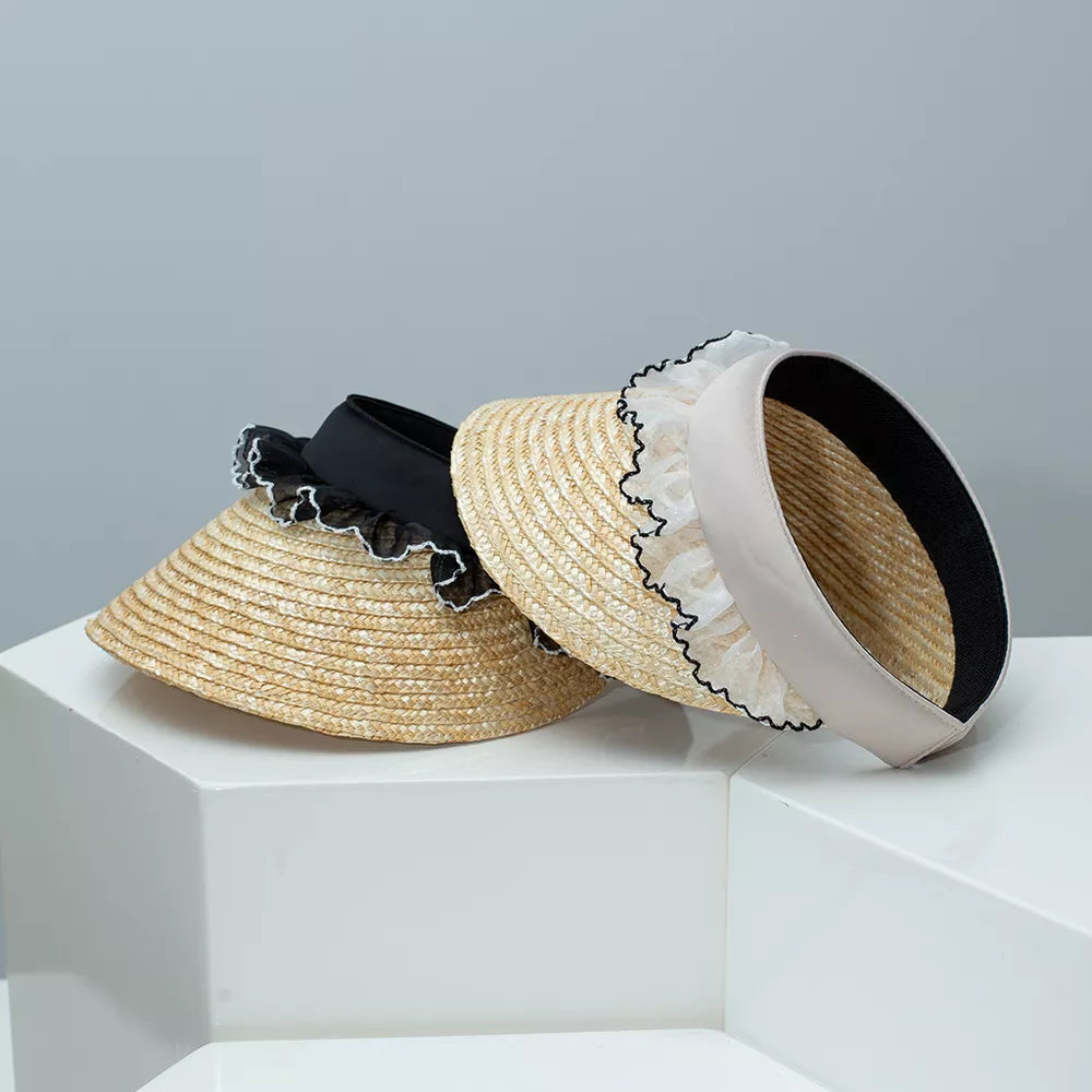 Straw visor hats with lace trim in beige and black, casual women's accessory