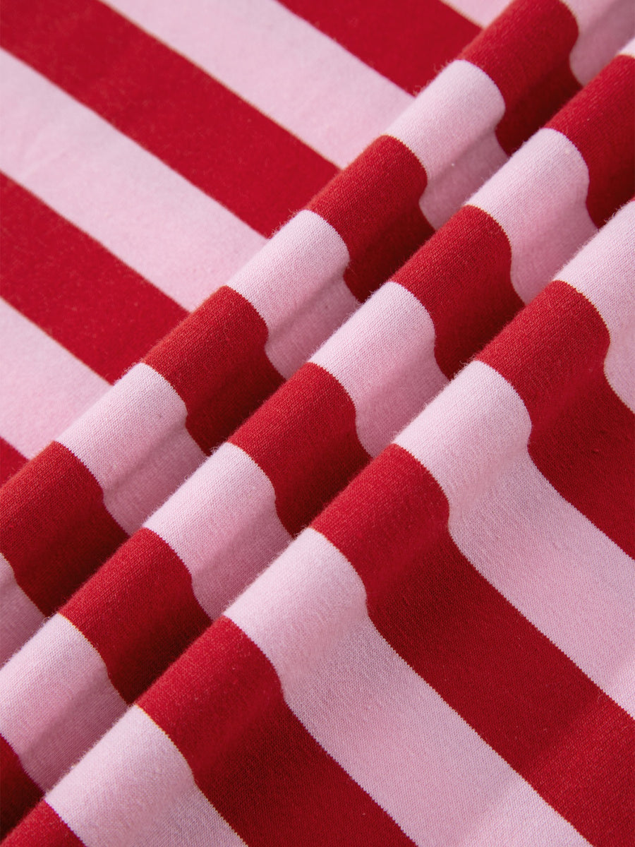 Red and pink striped cotton blend t-shirt with a split V-neck detail.