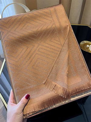 Elegant Tencel cotton scarf in coffee with geometric pattern and fringe detail