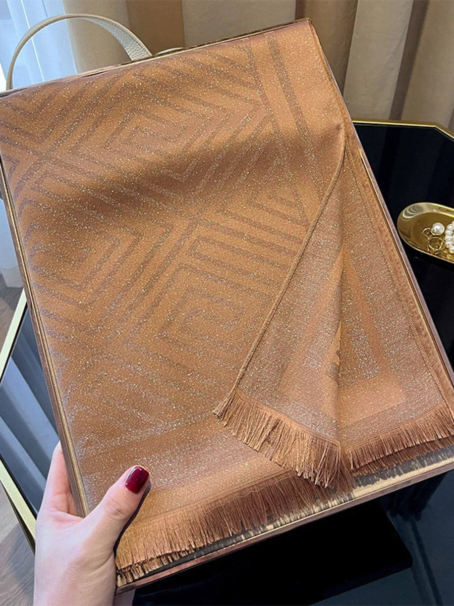 Elegant Tencel cotton scarf in coffee with geometric pattern and fringe detail