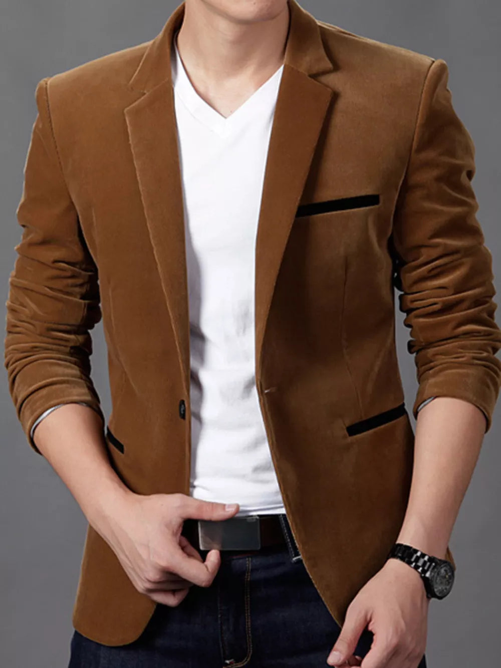 Dark Blue Men's Plus Size Slim Fit Velvet Blazer