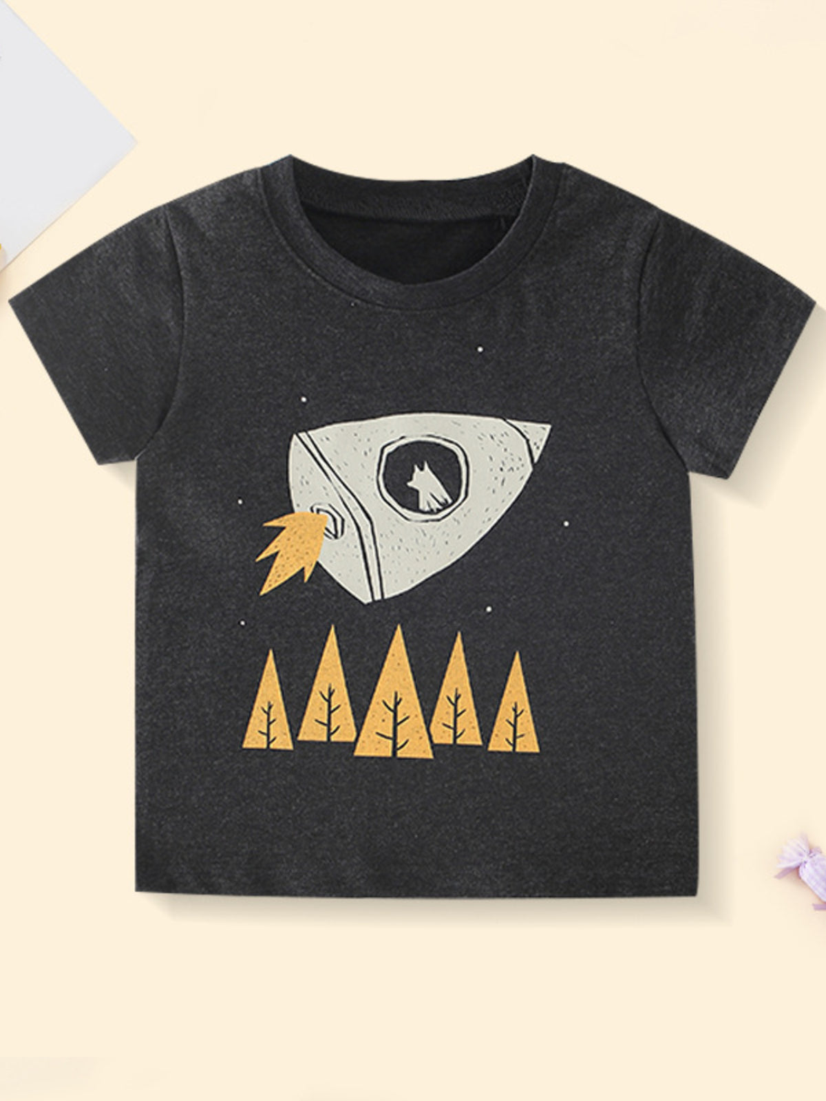 Dark grey cotton crew neck toddler t-shirt with rocket and tree graphic