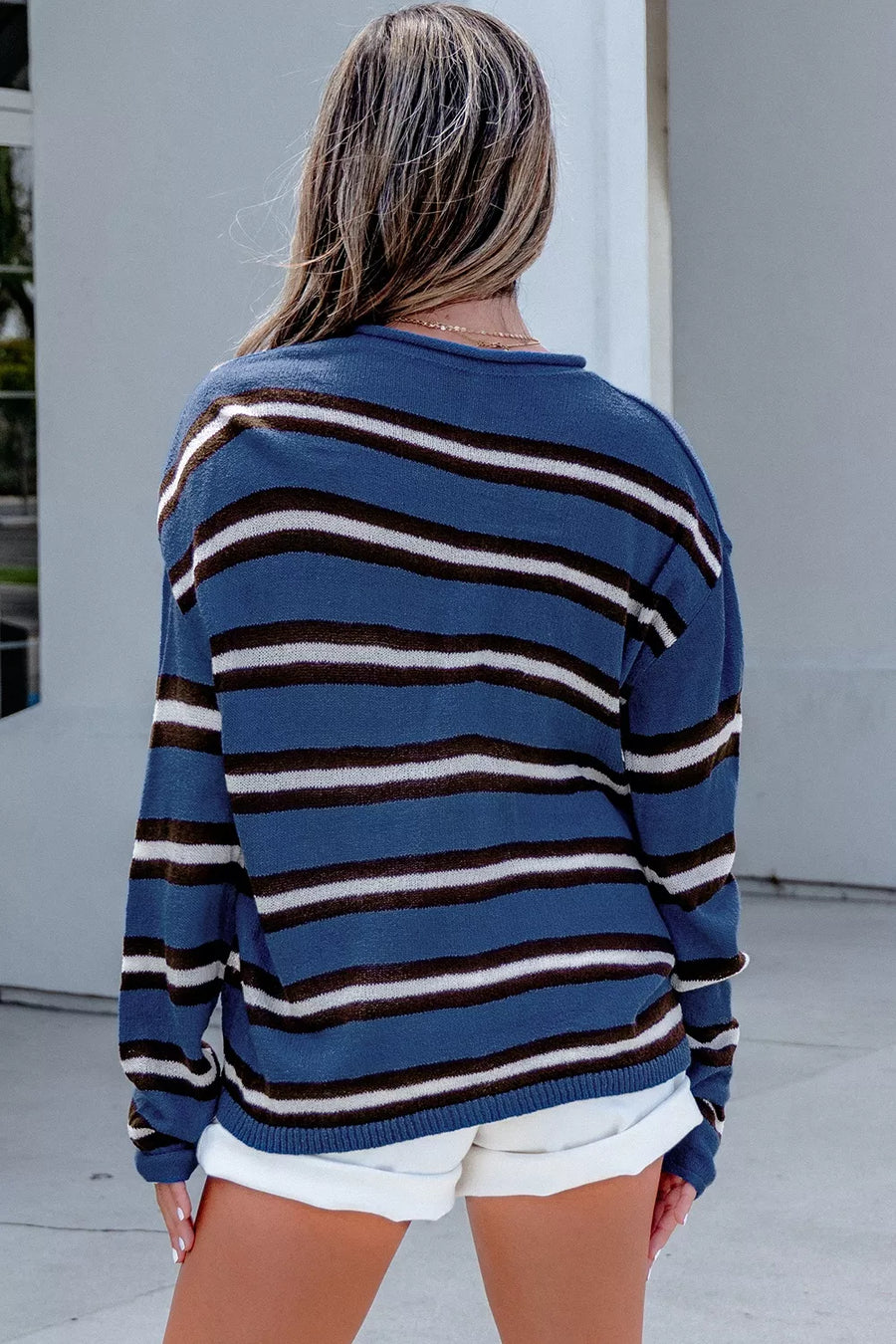 Dusty Blue with Striped Drop Shoulder Button Cardigan