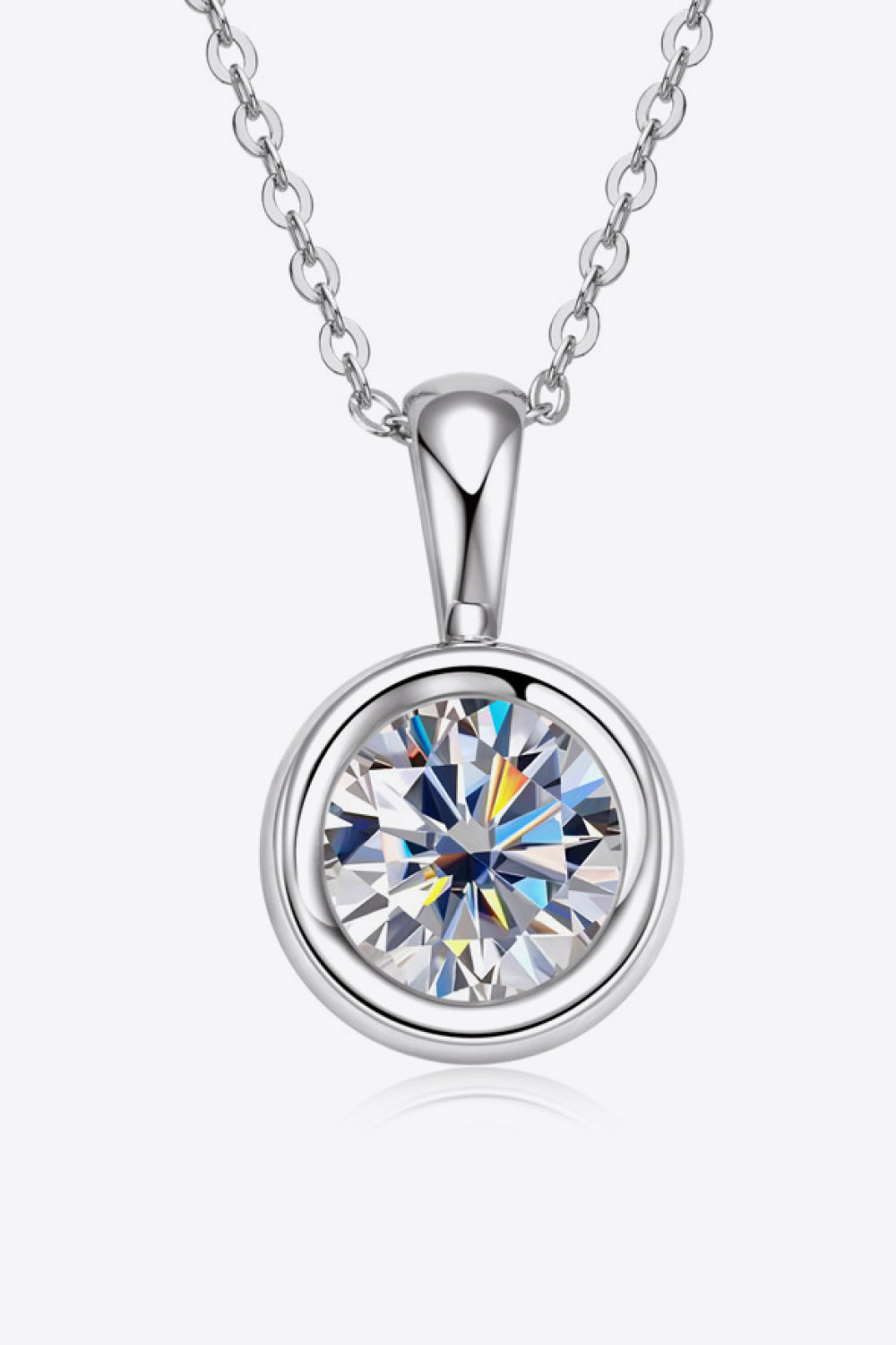 Silver solitaire bezel pendant necklace with a round-cut cubic zirconia.