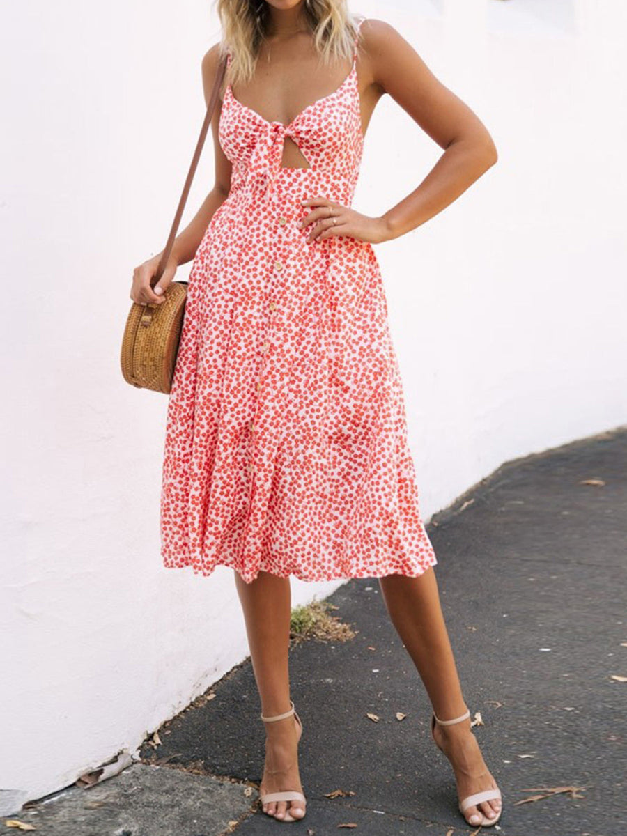 Red floral midi sundress with bow-front and button detail