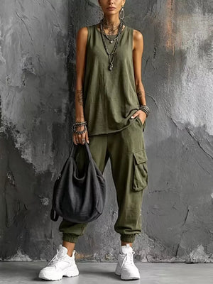 Casual Tank And Cargo Pants Set Plus Size in Sky Blue