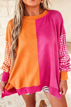 hot pink sweatshirt with color-block and crew neck