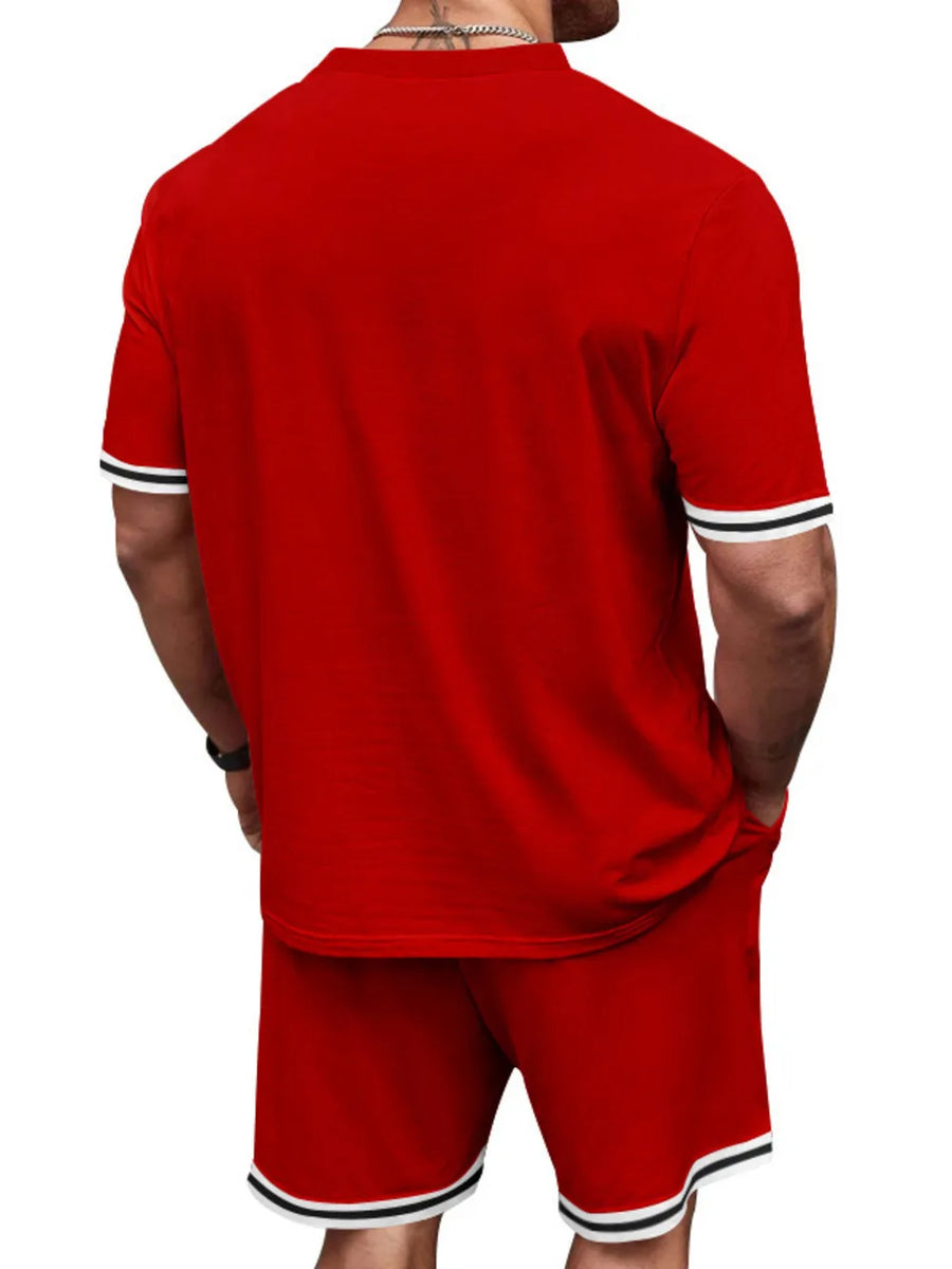 Red t-shirt and shorts set with white and black striped trim on sleeves and hem
