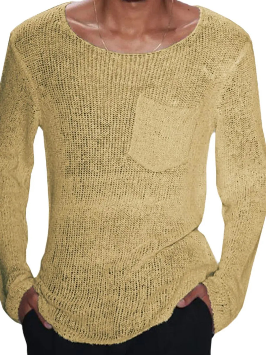 Gold slub knit sweater with scoop neck and chest pocket.