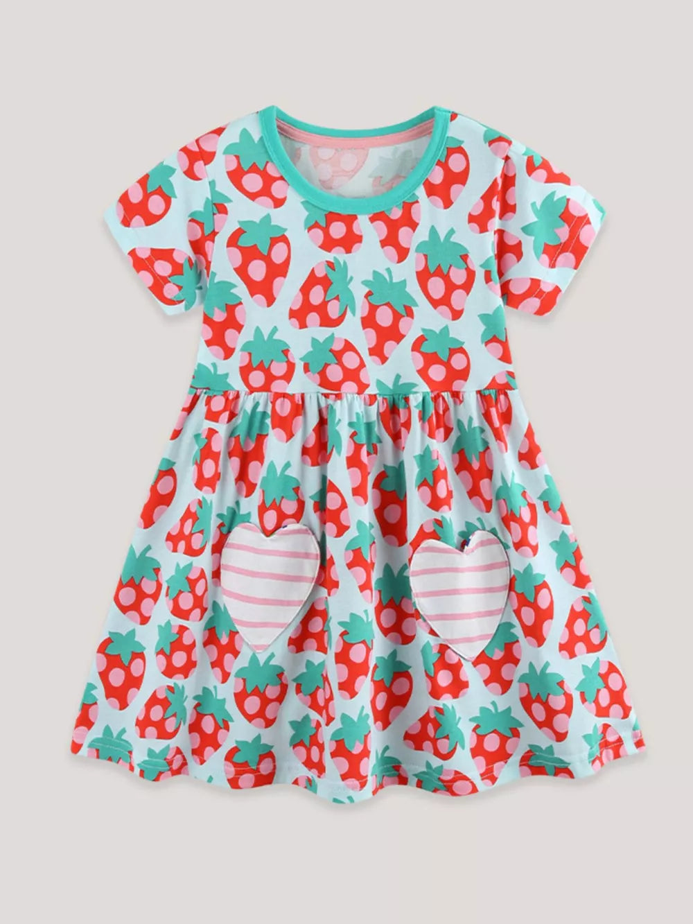 Baby girls' light blue cotton dress with a red strawberry print and pink striped heart pockets.