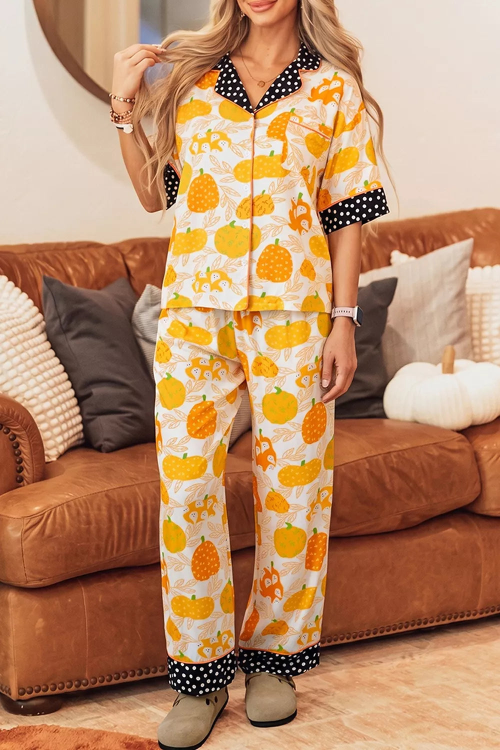 white pajama set with novelty print and collared