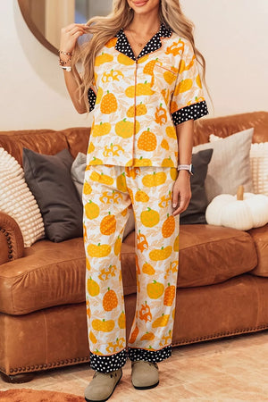 white pajama set with novelty print and collared