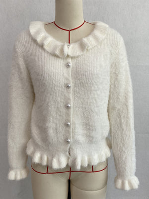 Soft Fuzzy Cardigan With Ruffled Collar in Brown with ruffled collar