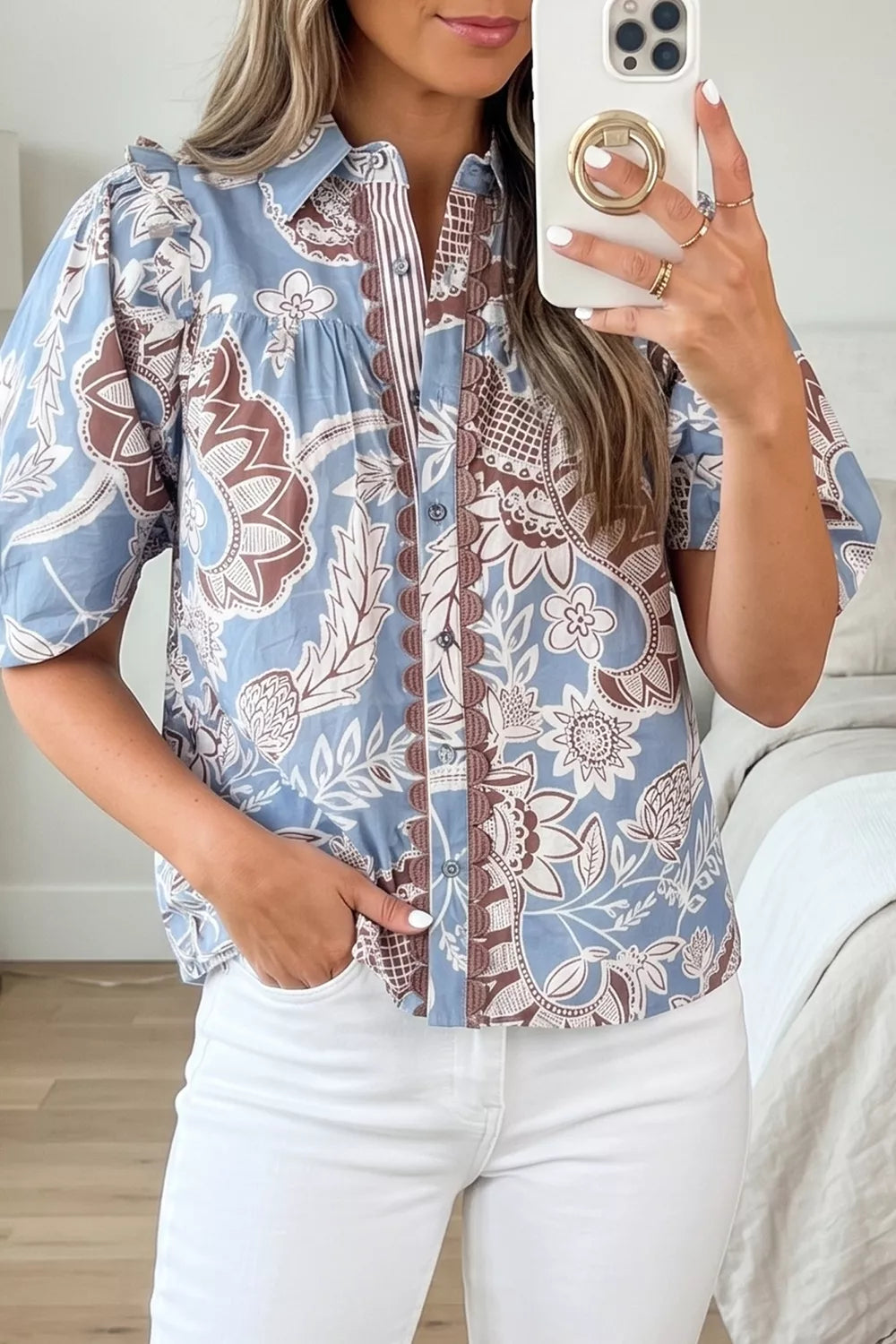 Blue floral cotton button-up shirt with scalloped trim and puff sleeves