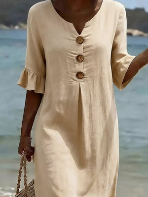 Khaki linen dress with ruffled sleeves and button details.