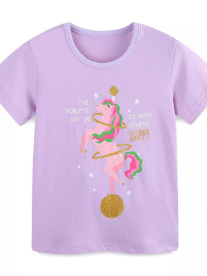 Lavender cotton spandex t-shirt with a pink unicorn graphic and gold glitter accents.