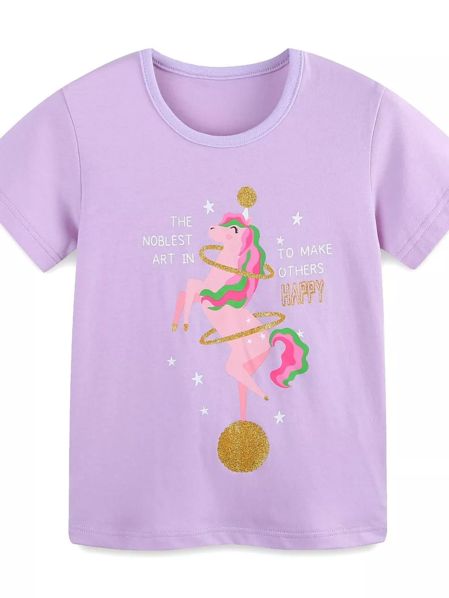Lavender cotton spandex t-shirt with a pink unicorn graphic and gold glitter accents.