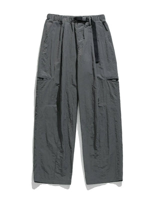 Dark gray technical fabric cargo pants with belt and multiple pockets