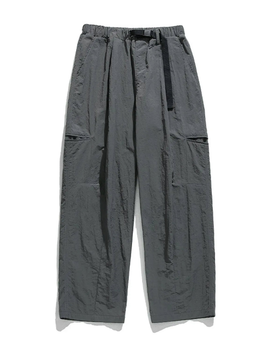 Dark gray technical fabric cargo pants with belt and multiple pockets