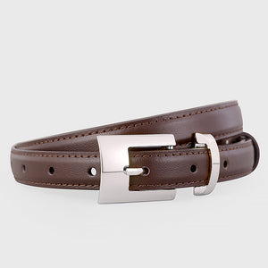 Brown cowhide leather belt with a silver buckle and stitched edges.