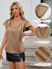 Khaki satin V-neck blouse with flutter sleeves and a seamless neckline.